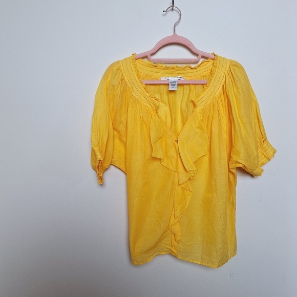 Diane von Furstenberg Yellow Gauzy Cotton Ruffle Short Sleeve Blouse Size 10 - Picture 5 of 11
